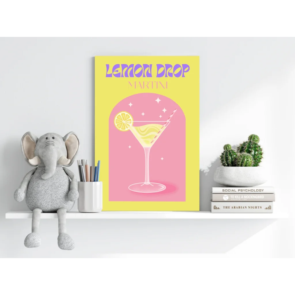 Vibrant lemon drop martini poster on Insigne Aluminum print with modern elegance
