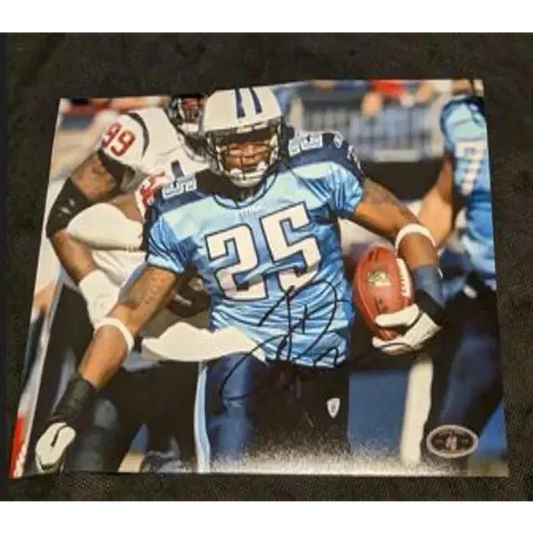 Lendale White autographed Tennessee Titans photo in light blue jersey with number 25