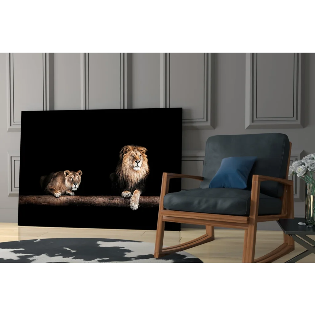 Majestic lion pair on log in black frame, glass wall art canvas print