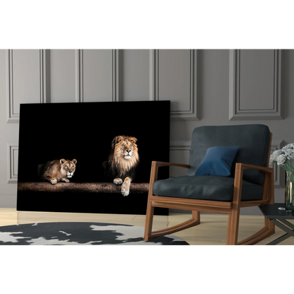 Majestic lion pair on log in black frame, glass wall art canvas print