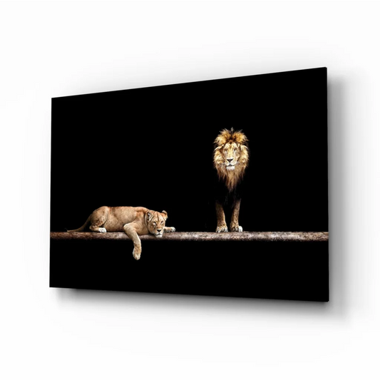 Majestic lion pair on glass wall art canvas print