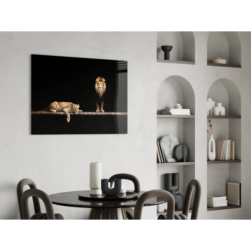 Majestic lion pair glass wall art canvas print in black frame
