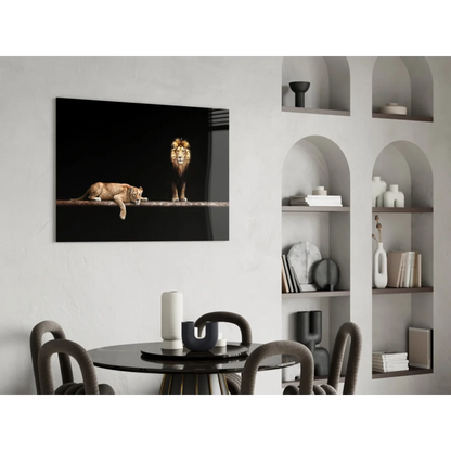 Majestic lion pair glass wall art canvas print in black frame