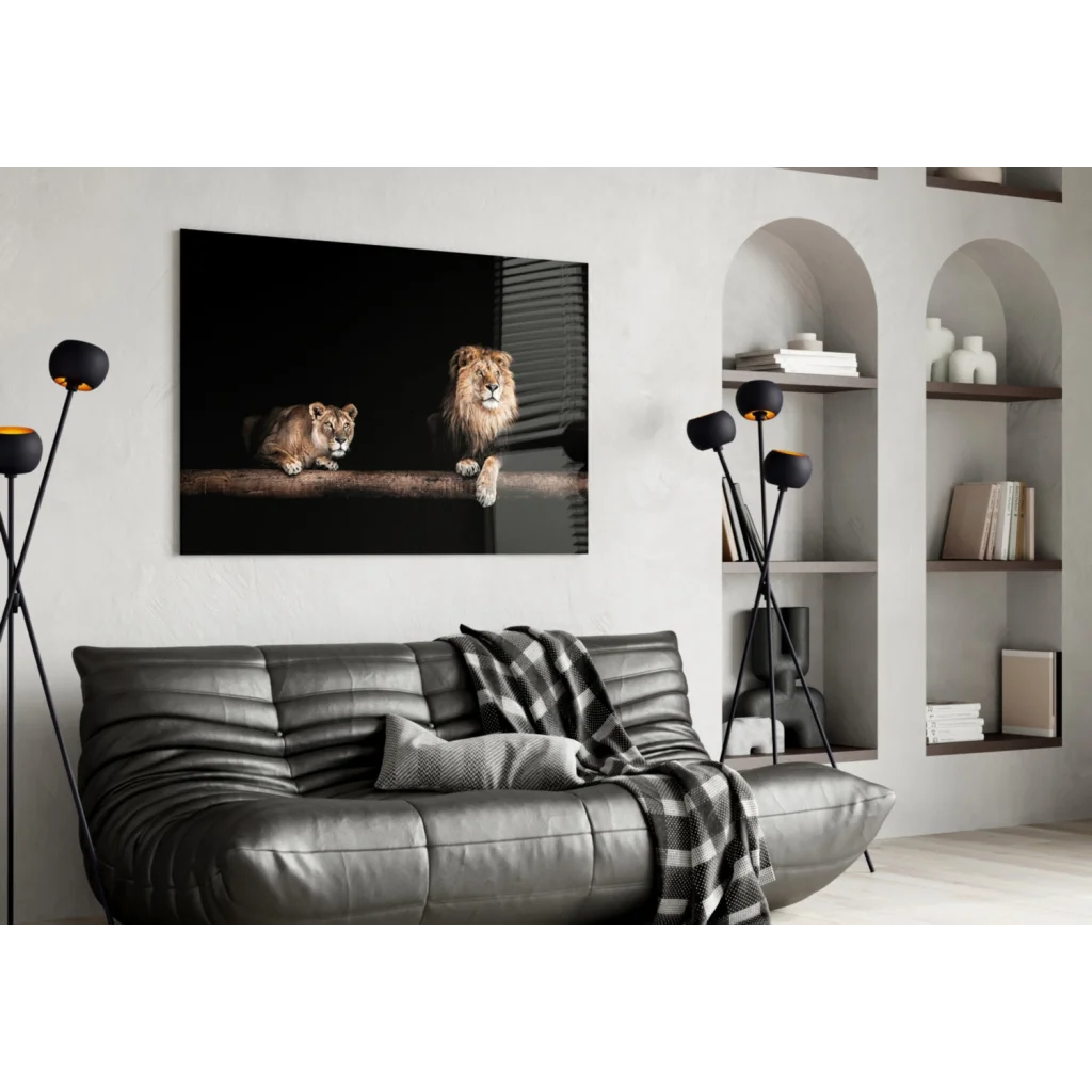 Majestic lion pair glass wall art canvas print with black frame