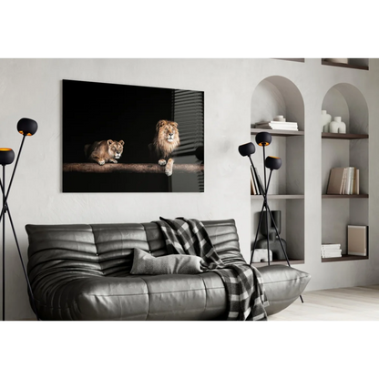 Majestic lion pair glass wall art canvas print with black frame