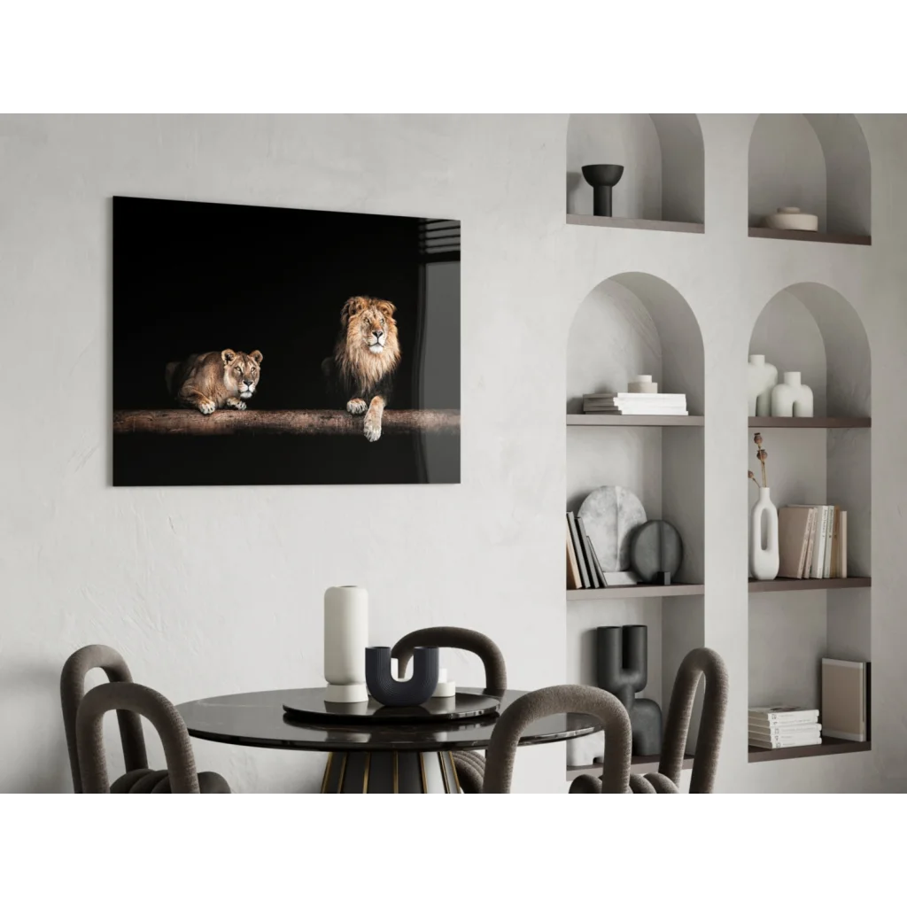 Majestic lion pair glass wall art canvas print in black frame