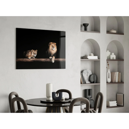 Majestic lion pair glass wall art canvas print in black frame