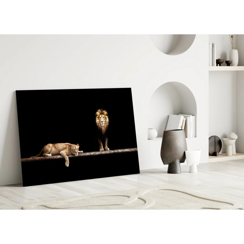 Majestic lion pair on black canvas glass wall art