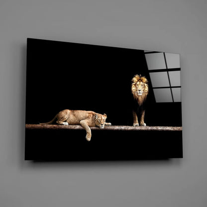 Majestic lion pair on glass wall art canvas print