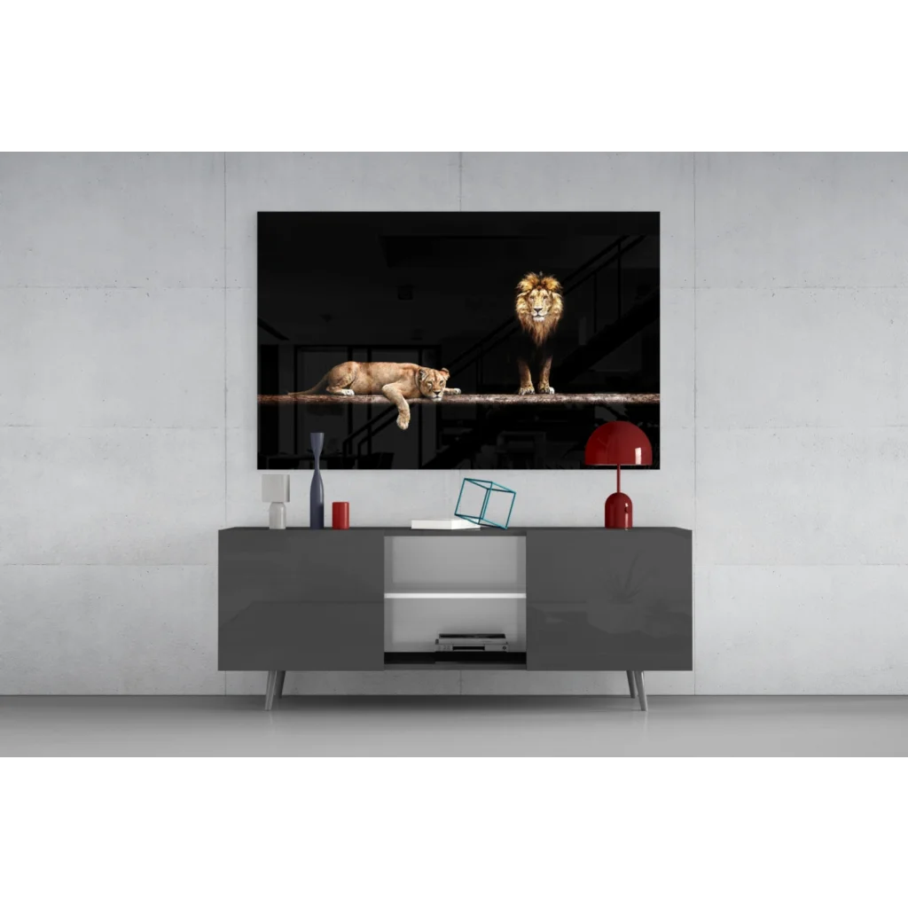 Majestic black-and-gold lion pair glass wall art canvas print