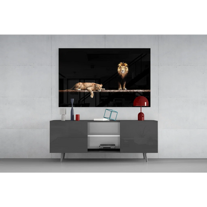 Majestic black-and-gold lion pair glass wall art canvas print