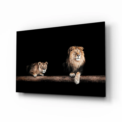Majestic lion pair on glass wall art canvas print