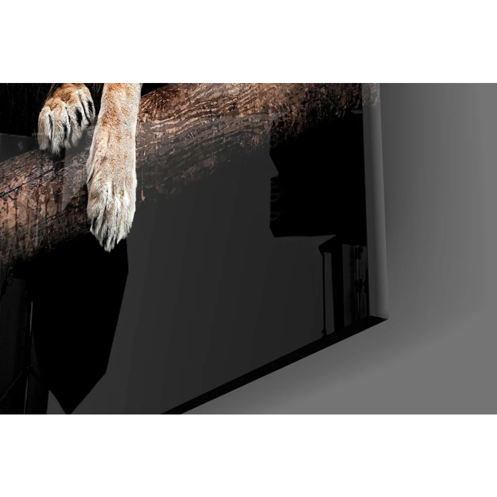 Majestic lion pair glass wall art with tiger paw on branch