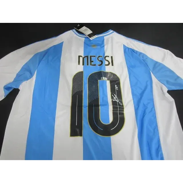 Blue and white striped Lionel Messi signed jersey with number 10 for collectors
