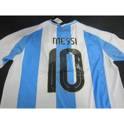 Blue and white striped Lionel Messi signed jersey with number 10 for collectors