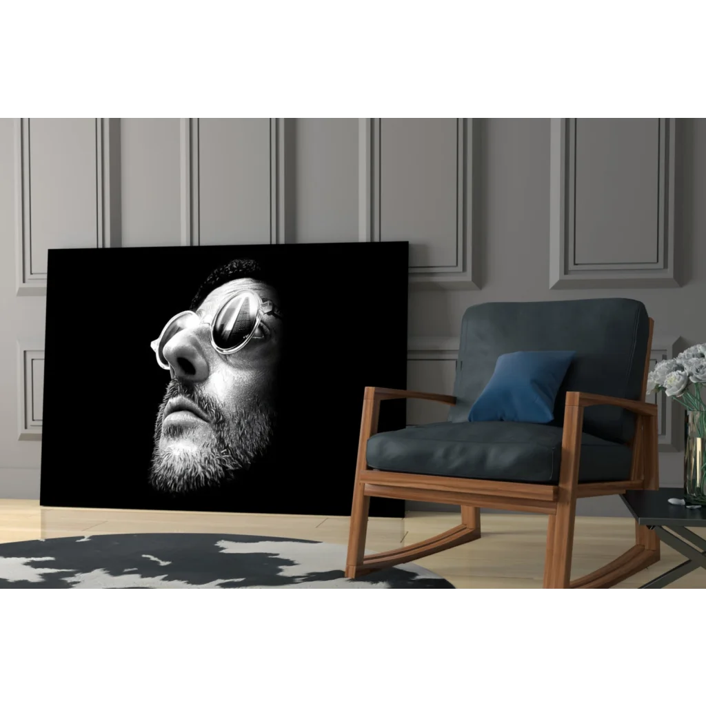 Black-and-white glass wall art portrait of bearded man in sunglasses