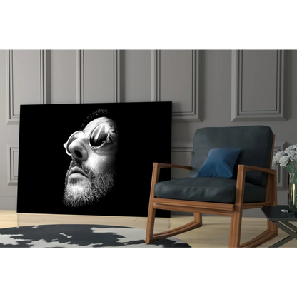 Black-and-white glass wall art portrait of bearded man in sunglasses
