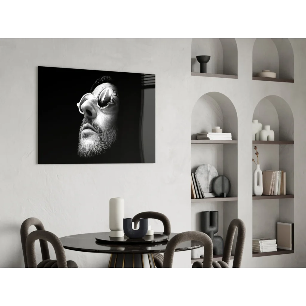 Black-and-white portrait glass wall art of man with sunglasses and beard