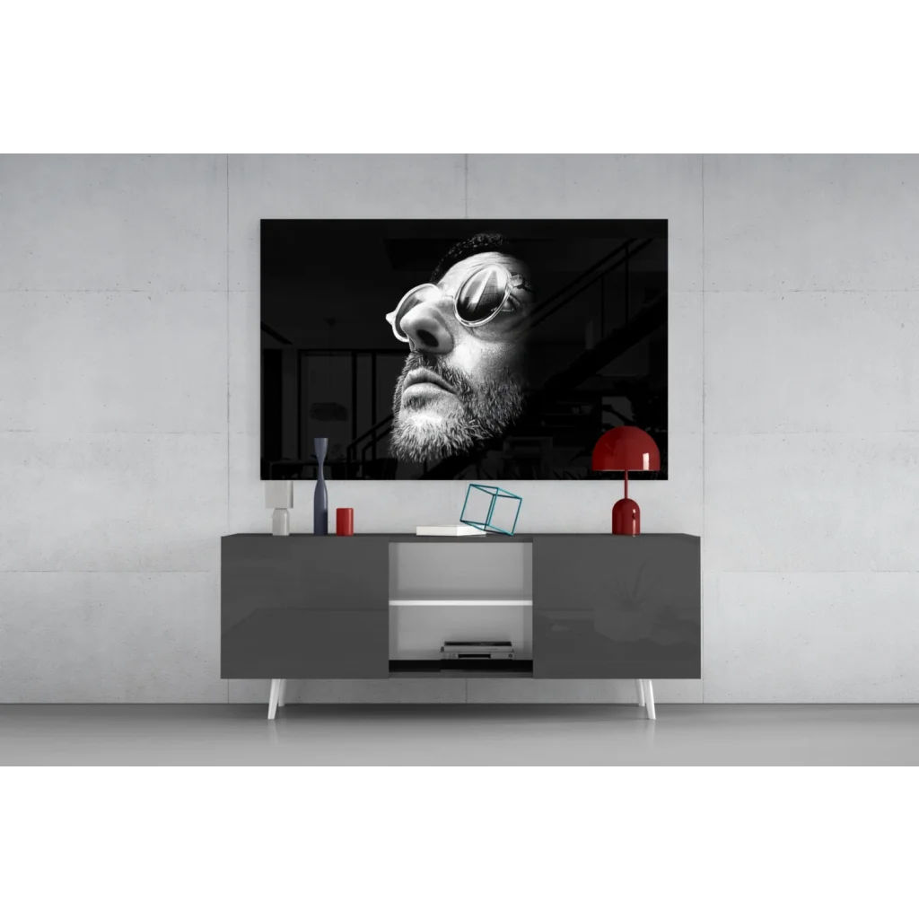 Black and white portrait man with sunglasses and beard on stunning glass wall art