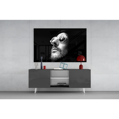Black and white portrait man with sunglasses and beard on stunning glass wall art
