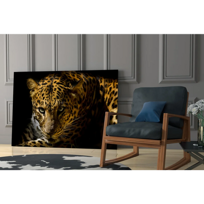 Stunning black-and-gold leopard tempered glass art portrait
