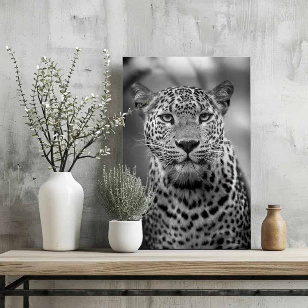 Black-and-white leopard gaze on insigne aluminum print
