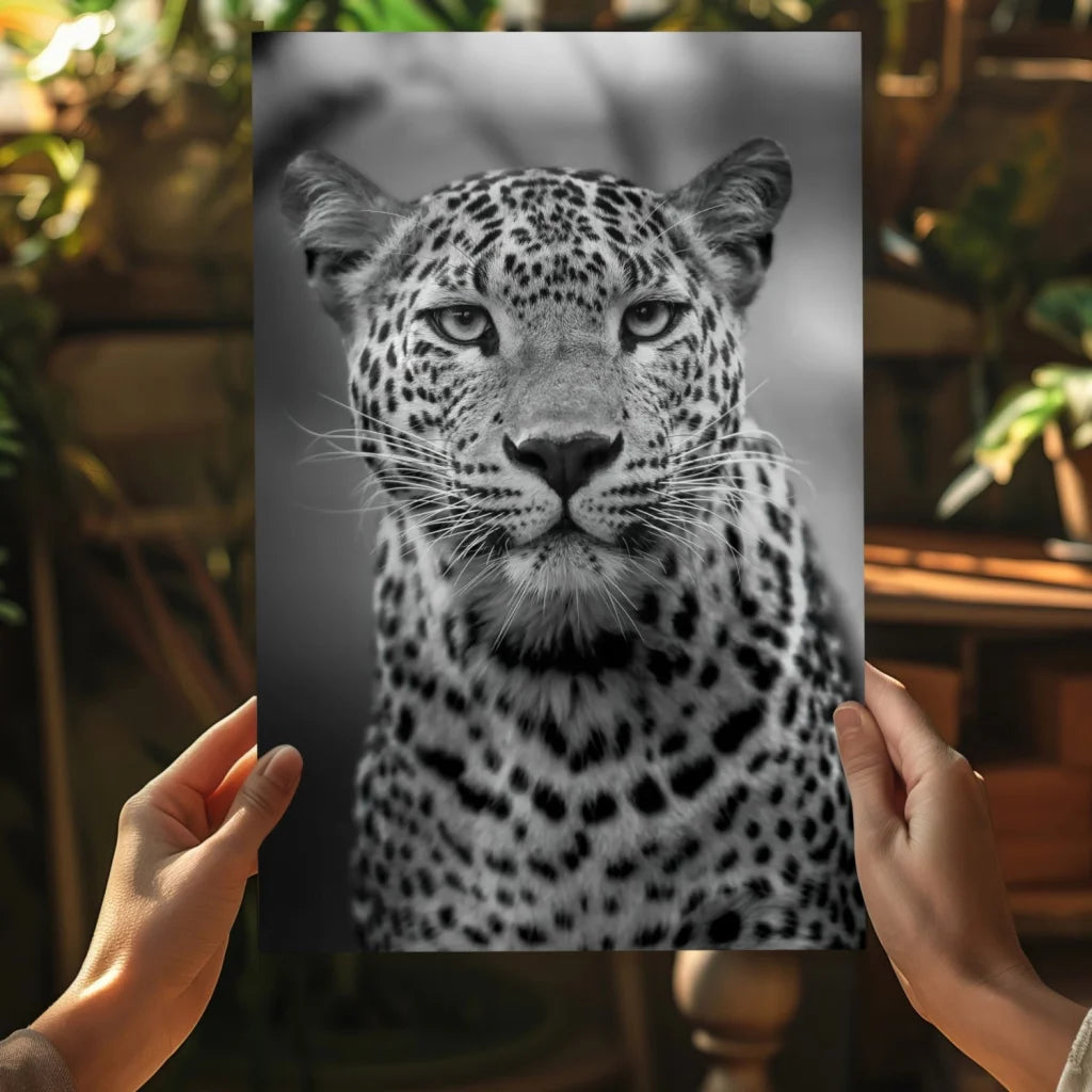 Black-and-white leopard gaze on insigne aluminum print