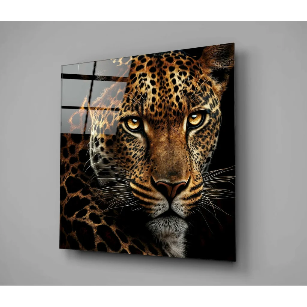 Fierce leopard glass wall art with mesmerizing golden eyes and rosettes