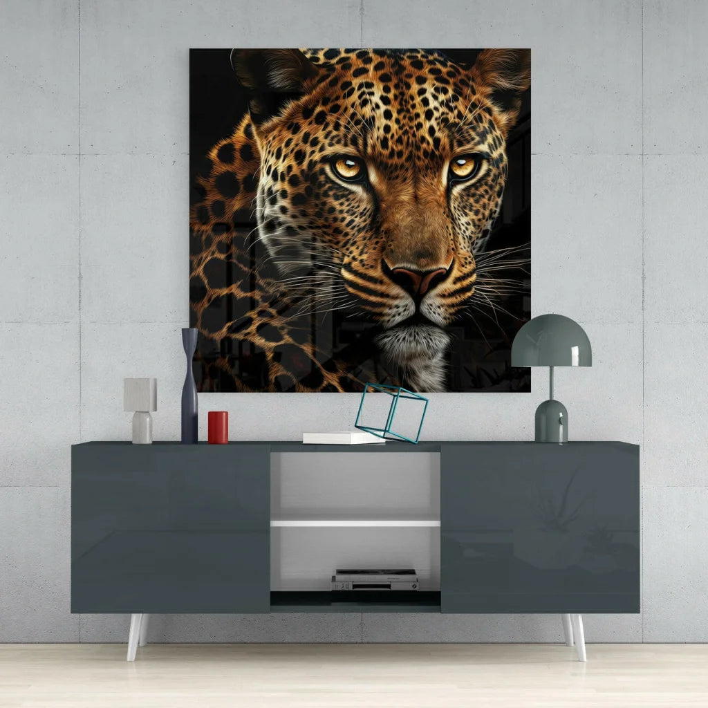 Fierce black-and-gold leopard glass wall art with intense golden eyes