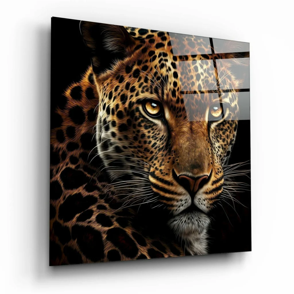 Fierce leopard glass wall art with golden eyes and spotted fur