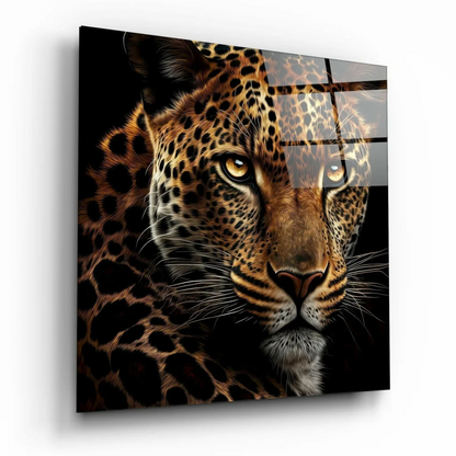 Fierce leopard glass wall art with golden eyes and spotted fur
