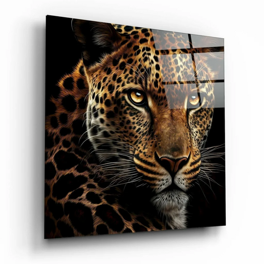 Fierce leopard glass wall art with golden eyes and spotted fur