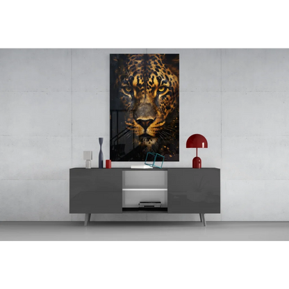 Stunning black gold leopard glass wall art portrait on gray console