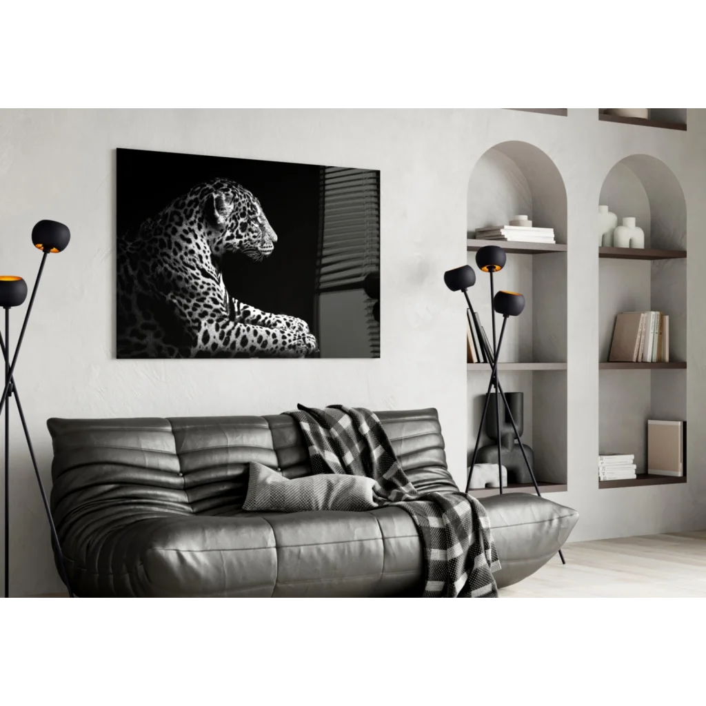 Black-and-white leopard profile canvas wall art on wall