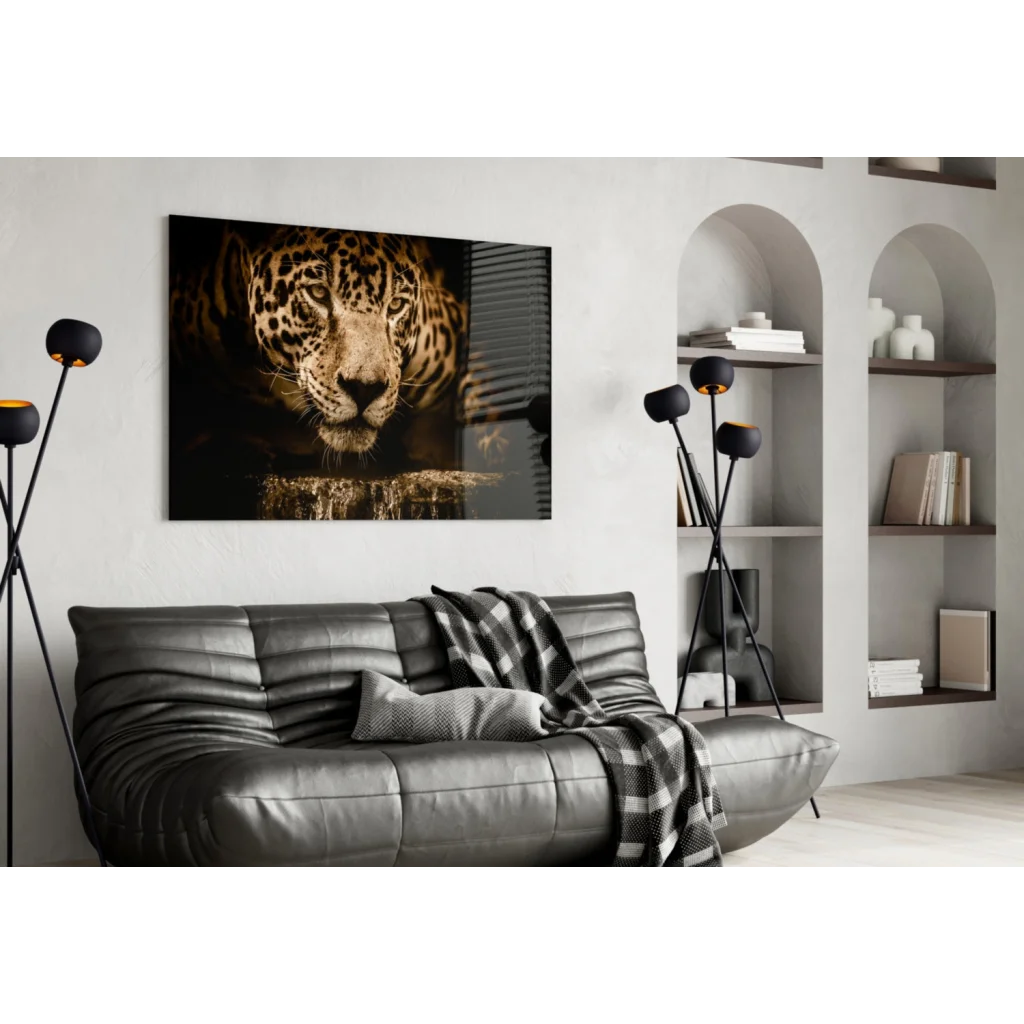 Majestic black-and-gold jaguar wall art on white wall