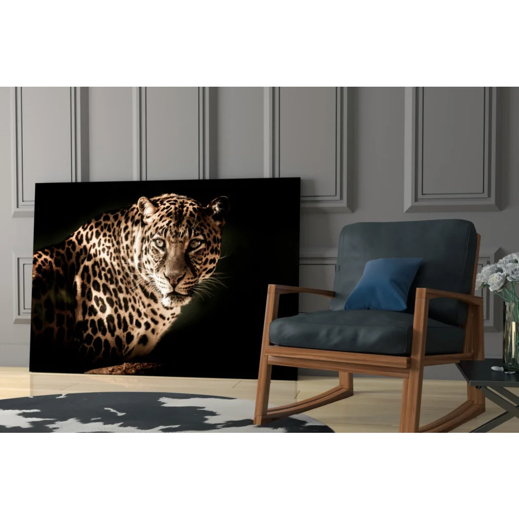Stunning black-and-gold leopard glass wall art print portrait
