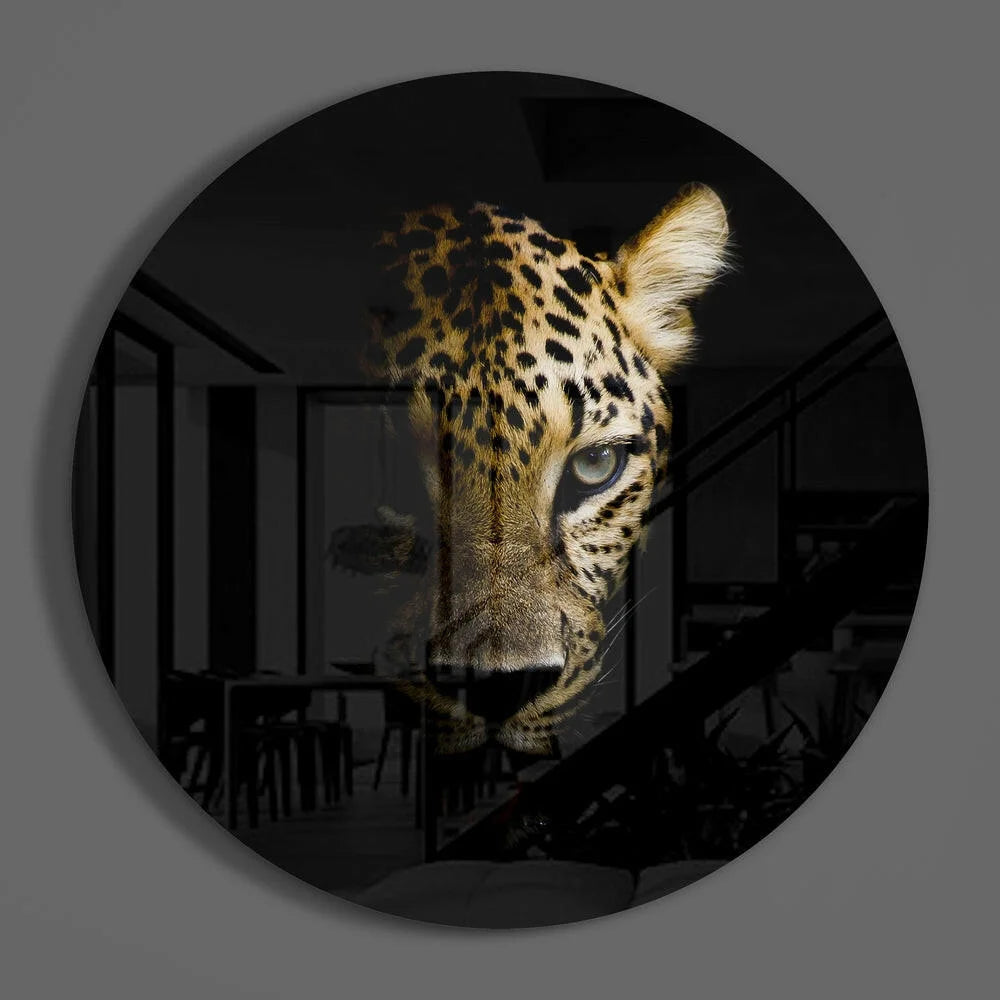 Leopard Tempered Glass Art with Size Comparison Guide | Modern Wall Art Decor | vintageantiquesgifts.com