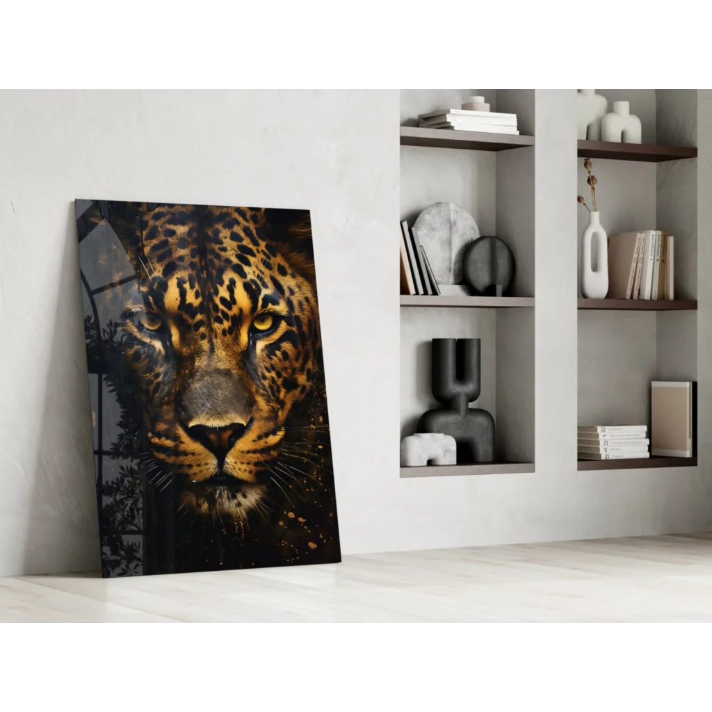 Stunning black gold leopard glass wall art portrait close-up