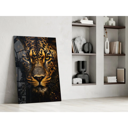 Stunning black gold leopard glass wall art portrait close-up