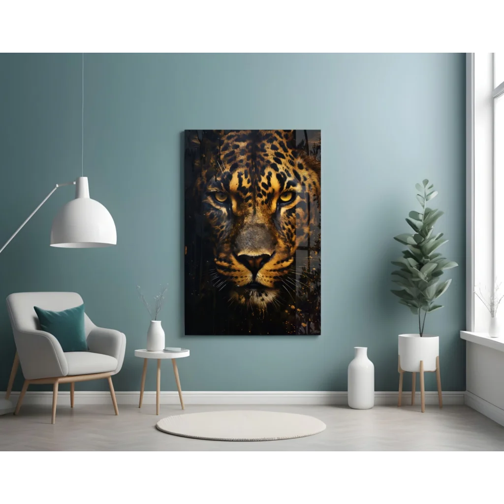 Stunning black gold leopard glass wall art portrait close-up