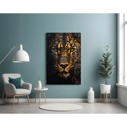 Stunning black gold leopard glass wall art portrait close-up