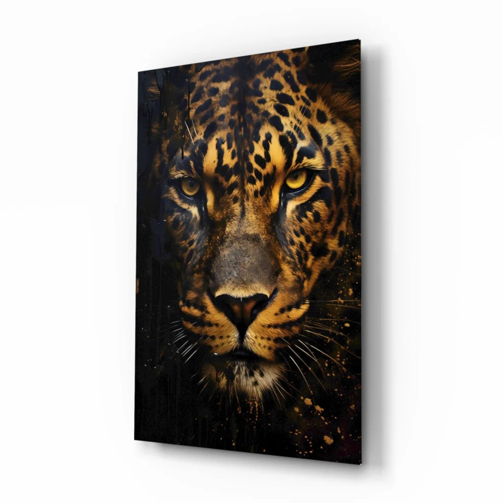 Stunning black gold leopard glass wall art portrait with yellow eyes