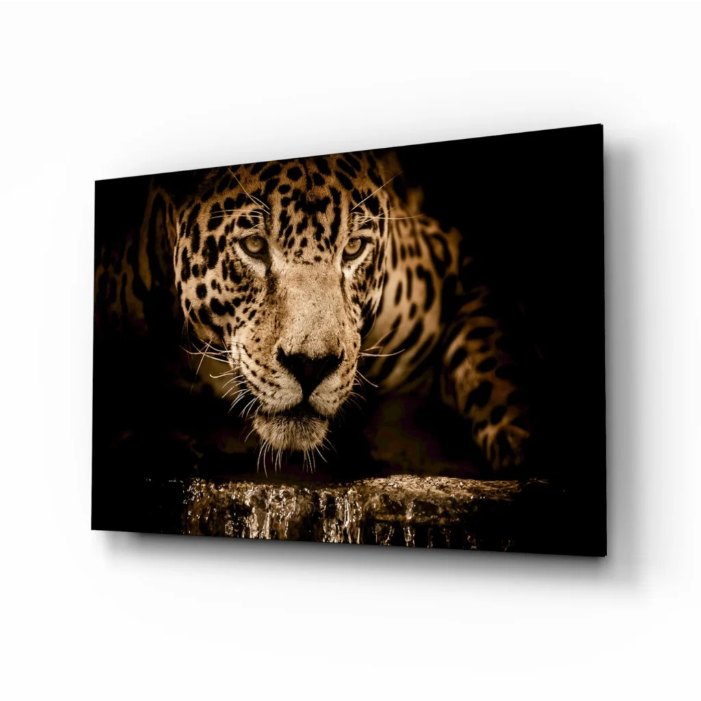 Majestic jaguar wall art canvas print with golden spotted fur detail