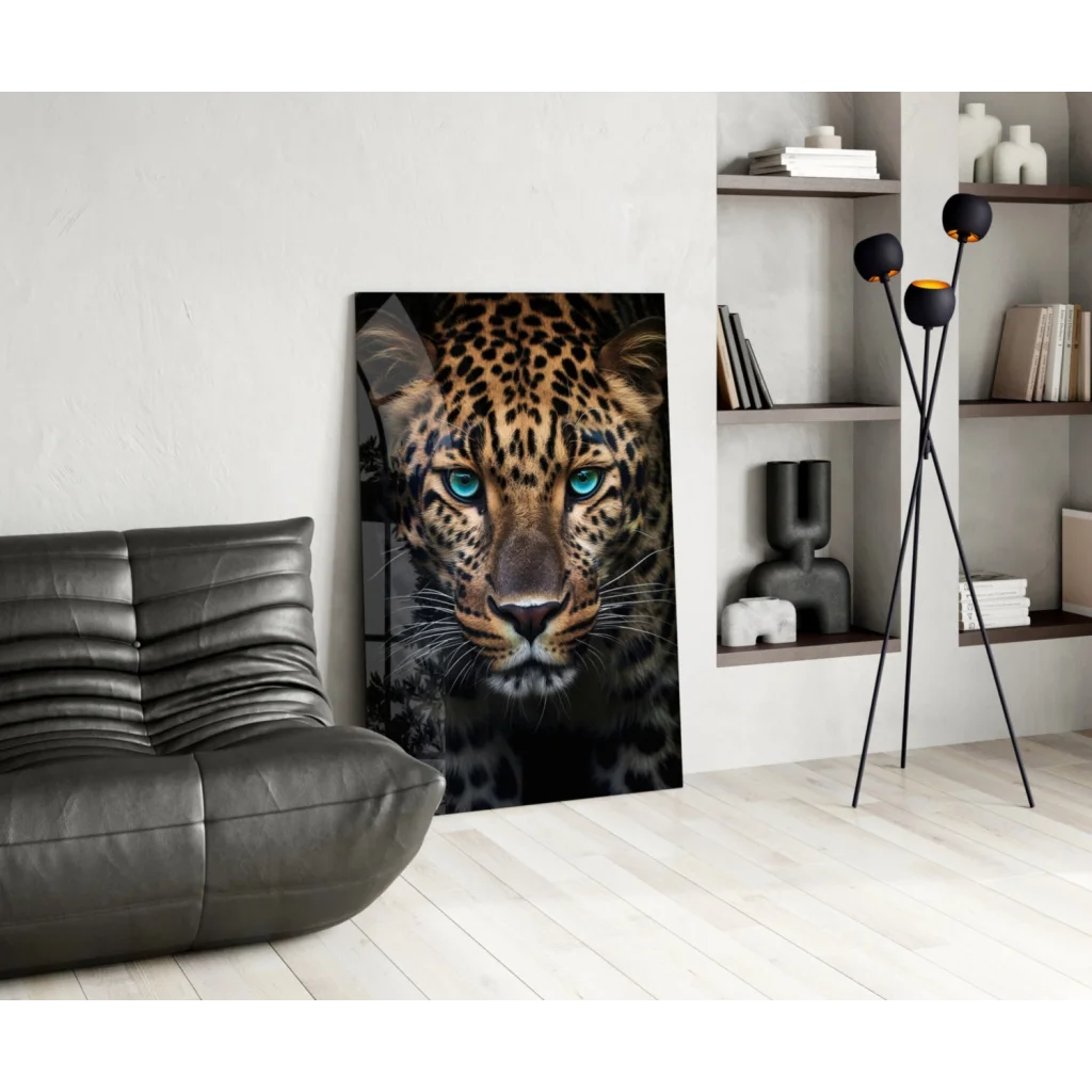 Stunning leopard glass wall art with piercing blue eyes in modern room
