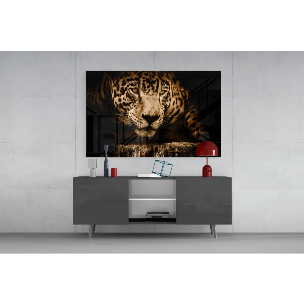 Majestic Jaguar glass wall art with golden spotted fur on sleek screen