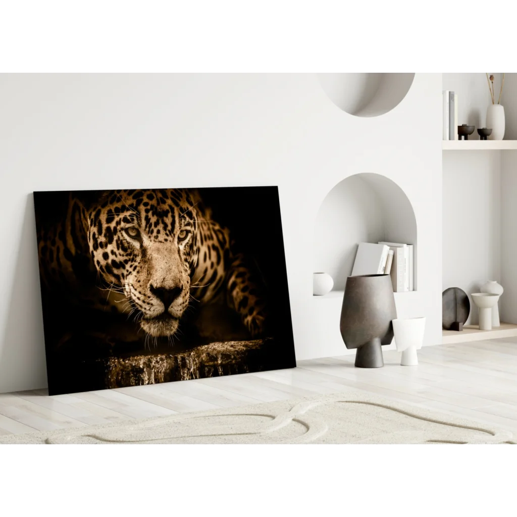 Majestic jaguar wall art canvas print with golden spotted fur and intense eyes