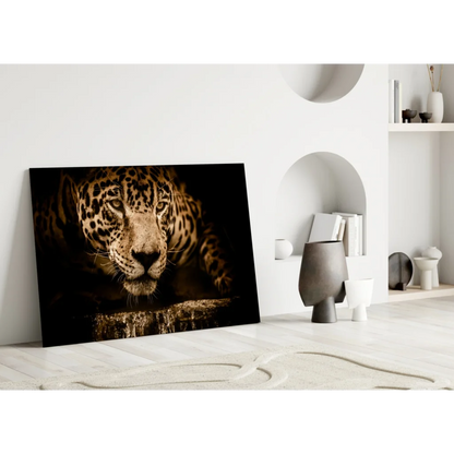Majestic jaguar wall art canvas print with golden spotted fur and intense eyes