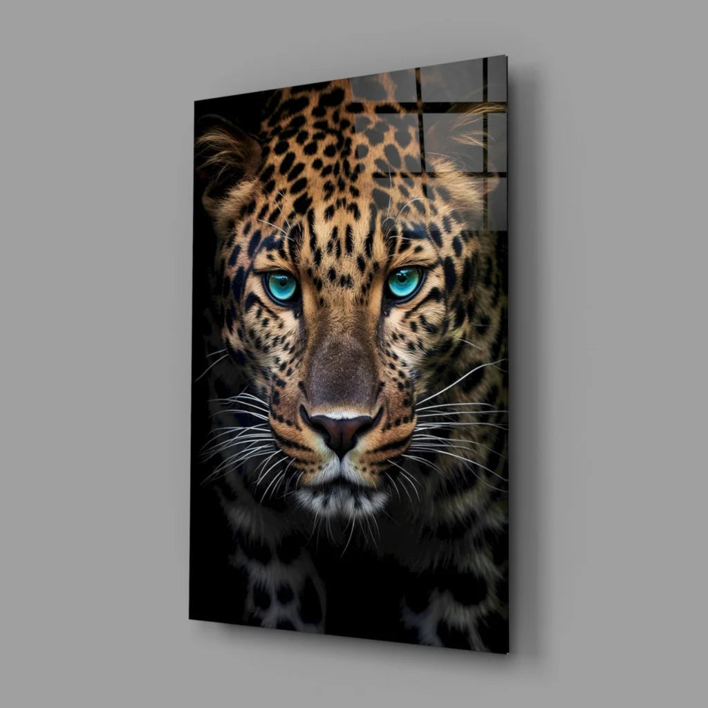 Stunning leopard glass wall art with piercing turquoise eyes