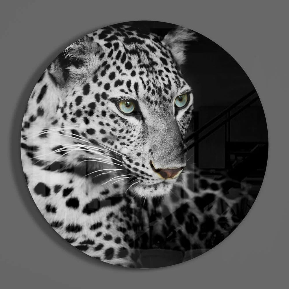 Stunning leopard tempered glass art with piercing green eyes