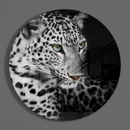 Stunning leopard tempered glass art with piercing green eyes